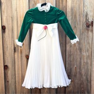 Vintage Miss Dorissa Green Velvet & Cream White Girls’ Dress w/ Pleating Size 6